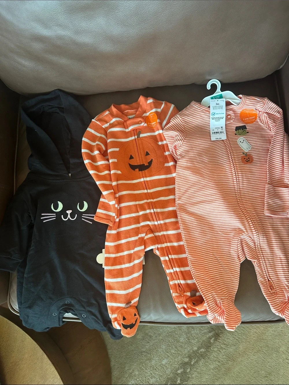 Carter's Orange Striped Pumpkin & Black Cat Footed One-Pieces (Set of 3)